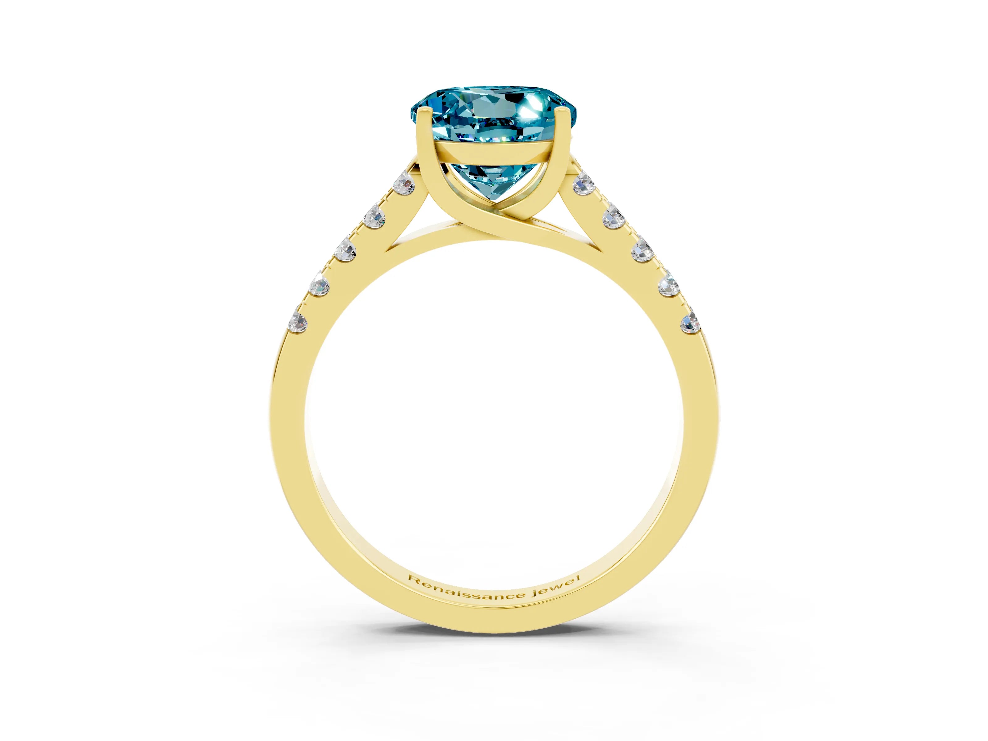Yellow gold {shape_name} Blue Topaz Solitaire Ring with Pavé Band and Four-Prong Setting_3