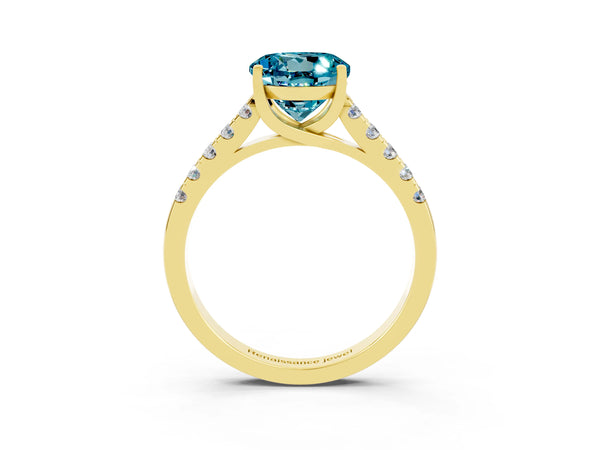 Yellow gold Round Cut Blue Topaz Pavé Band Solitaire Ring with Prong Setting