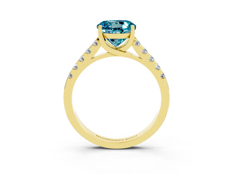 Yellow gold {shape_name} Blue Topaz Solitaire Ring with Pavé Band and Four-Prong Setting_3