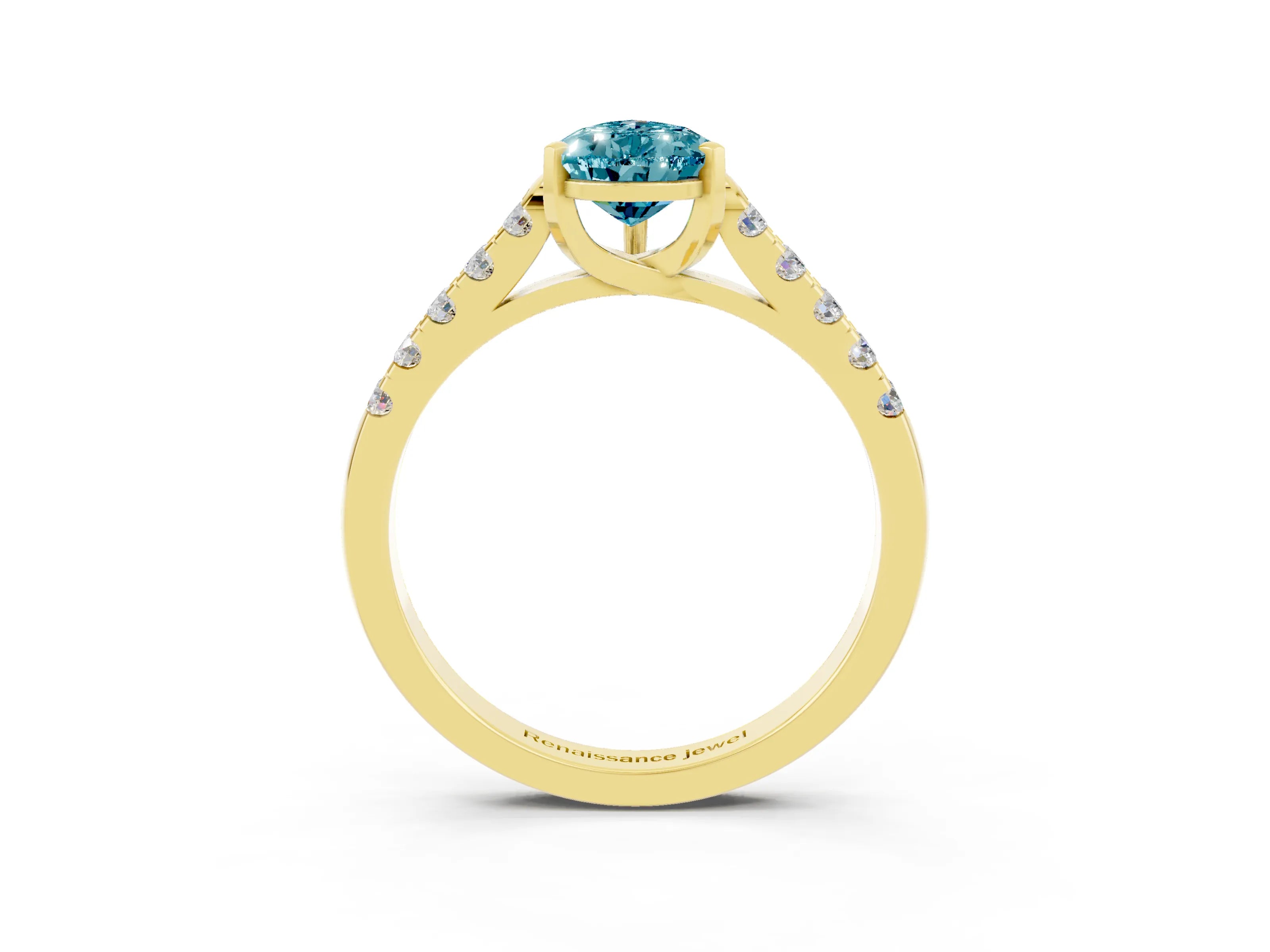 Yellow gold {shape_name} Blue Topaz Solitaire Ring with Pavé Band and Four-Prong Setting_3
