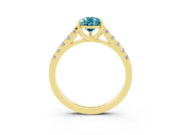 Yellow gold Pear Cut Blue Topaz Pavé Band Solitaire Ring with Prong Setting