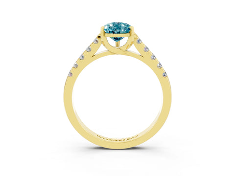 Yellow gold {shape_name} Blue Topaz Solitaire Ring with Pavé Band and Four-Prong Setting_3