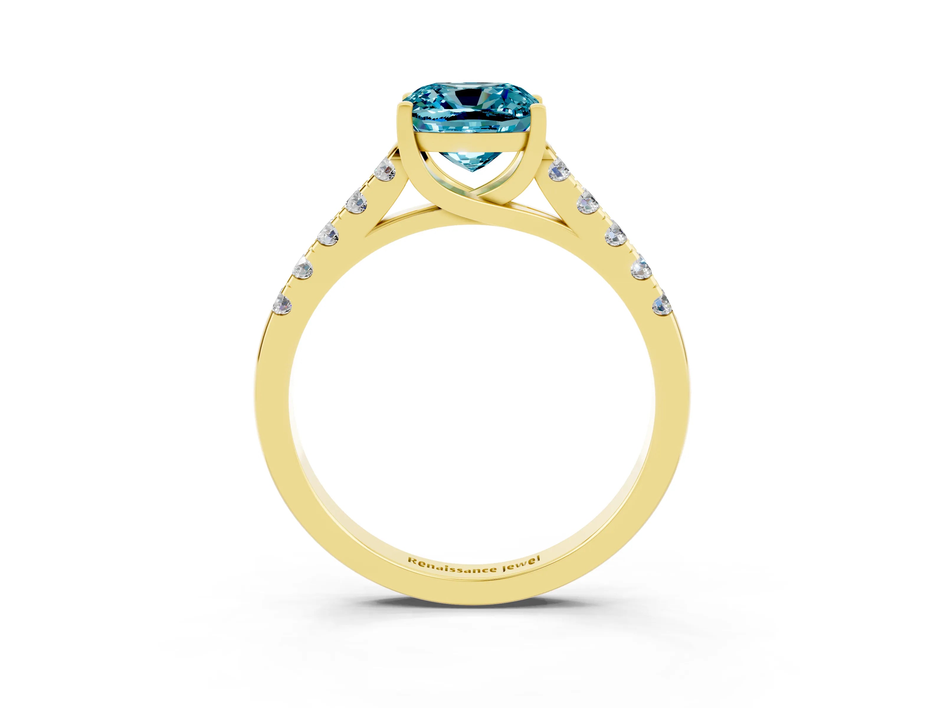 Yellow gold {shape_name} Blue Topaz Solitaire Ring with Pavé Band and Four-Prong Setting_3
