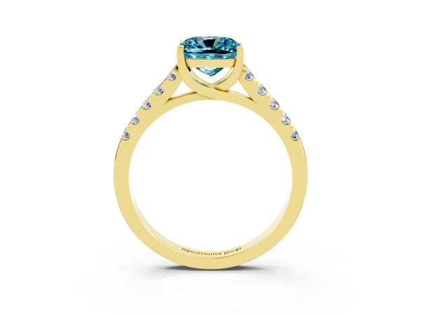Yellow gold Cushion Cut Blue Topaz Pavé Band Solitaire Ring with Prong Setting