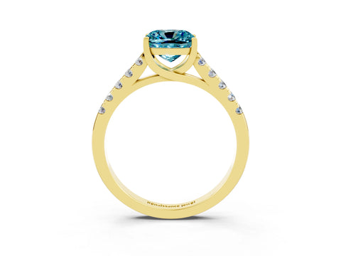 Yellow gold {shape_name} Blue Topaz Solitaire Ring with Pavé Band and Four-Prong Setting_3