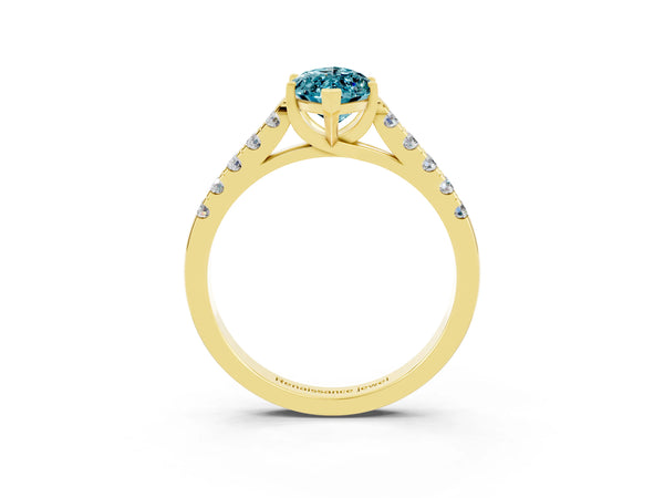 Yellow gold Marquise Cut Blue Topaz Pavé Band Solitaire Ring with Prong Setting