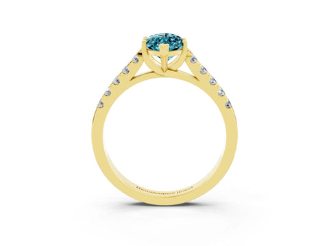 Yellow gold {shape_name} Blue Topaz Solitaire Ring with Pavé Band and Four-Prong Setting_3