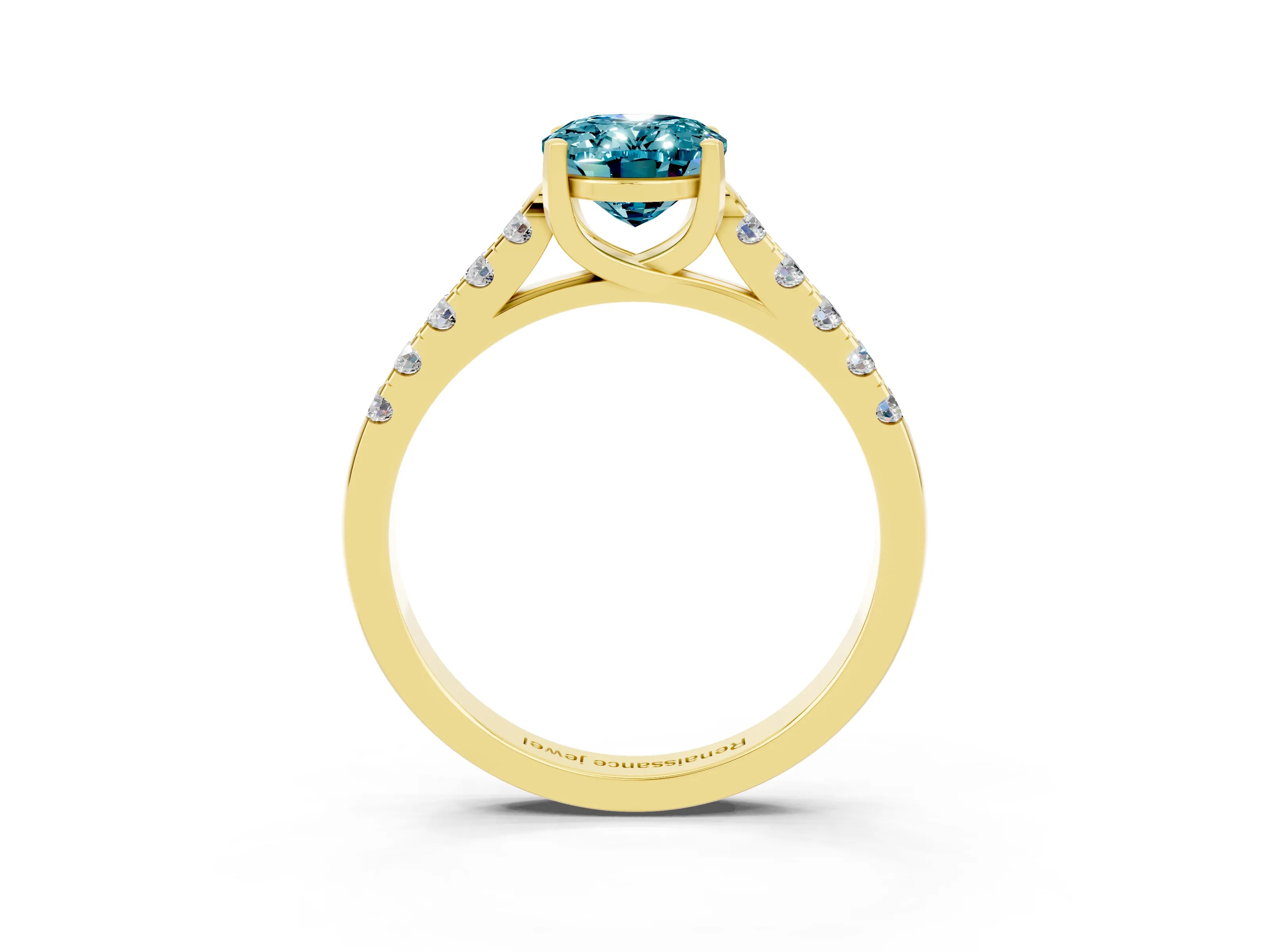 Yellow gold {shape_name} Blue Topaz Solitaire Ring with Pavé Band and Four-Prong Setting_3