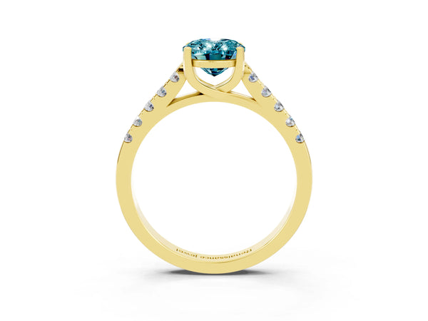 Yellow gold Oval Cut Blue Topaz Pavé Band Solitaire Ring with Prong Setting
