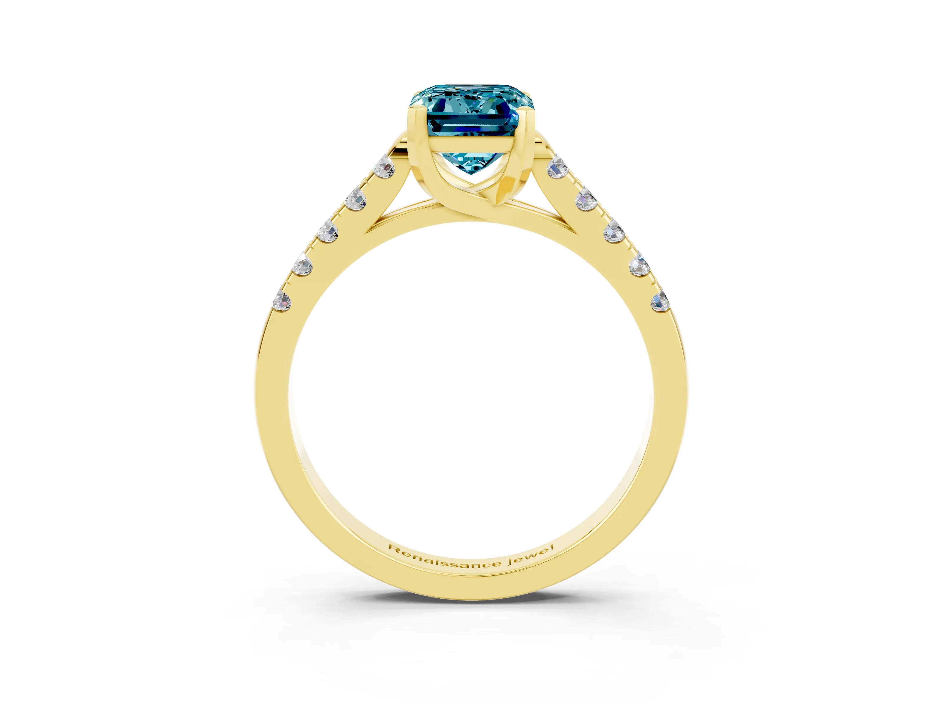 Yellow gold {shape_name} Blue Topaz Solitaire Ring with Pavé Band and Four-Prong Setting_3
