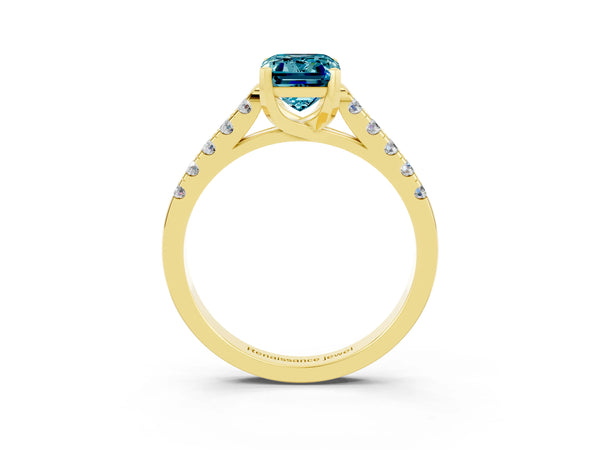 Yellow gold Emerald Cut Blue Topaz Pavé Band Solitaire Ring with Prong Setting