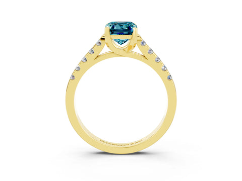 Yellow gold {shape_name} Blue Topaz Solitaire Ring with Pavé Band and Four-Prong Setting_3