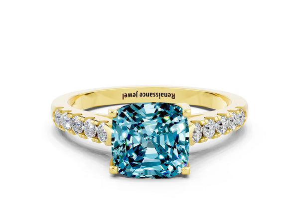 Yellow gold Cushion Cut Blue Topaz Pavé Band Solitaire Ring with Prong Setting