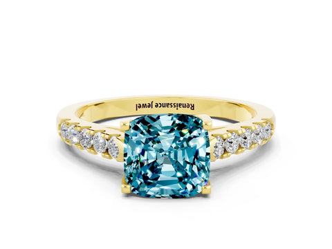 Yellow gold {shape_name} Blue Topaz Solitaire Ring with Pavé Band and Four-Prong Setting