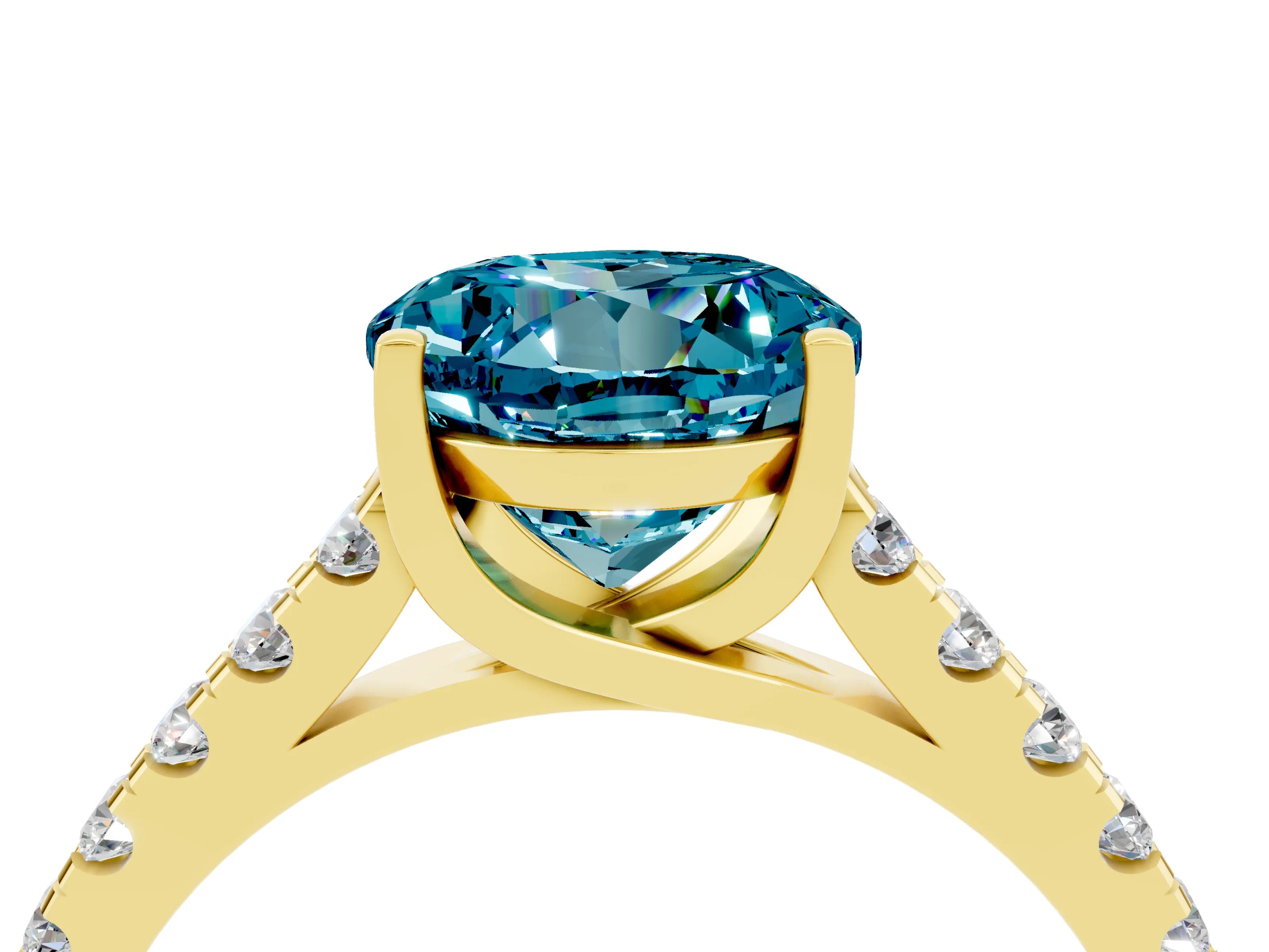 Yellow gold {shape_name} Blue Topaz Solitaire Ring with Pavé Band and Four-Prong Setting_4