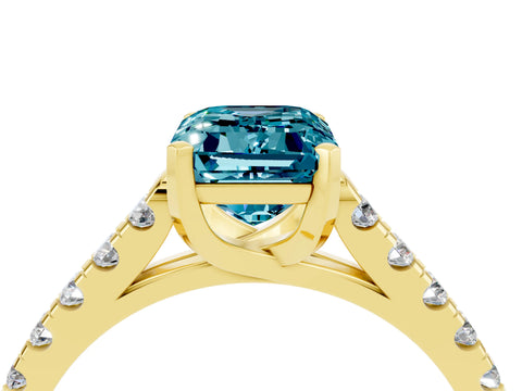 Yellow gold {shape_name} Blue Topaz Solitaire Ring with Pavé Band and Four-Prong Setting_4