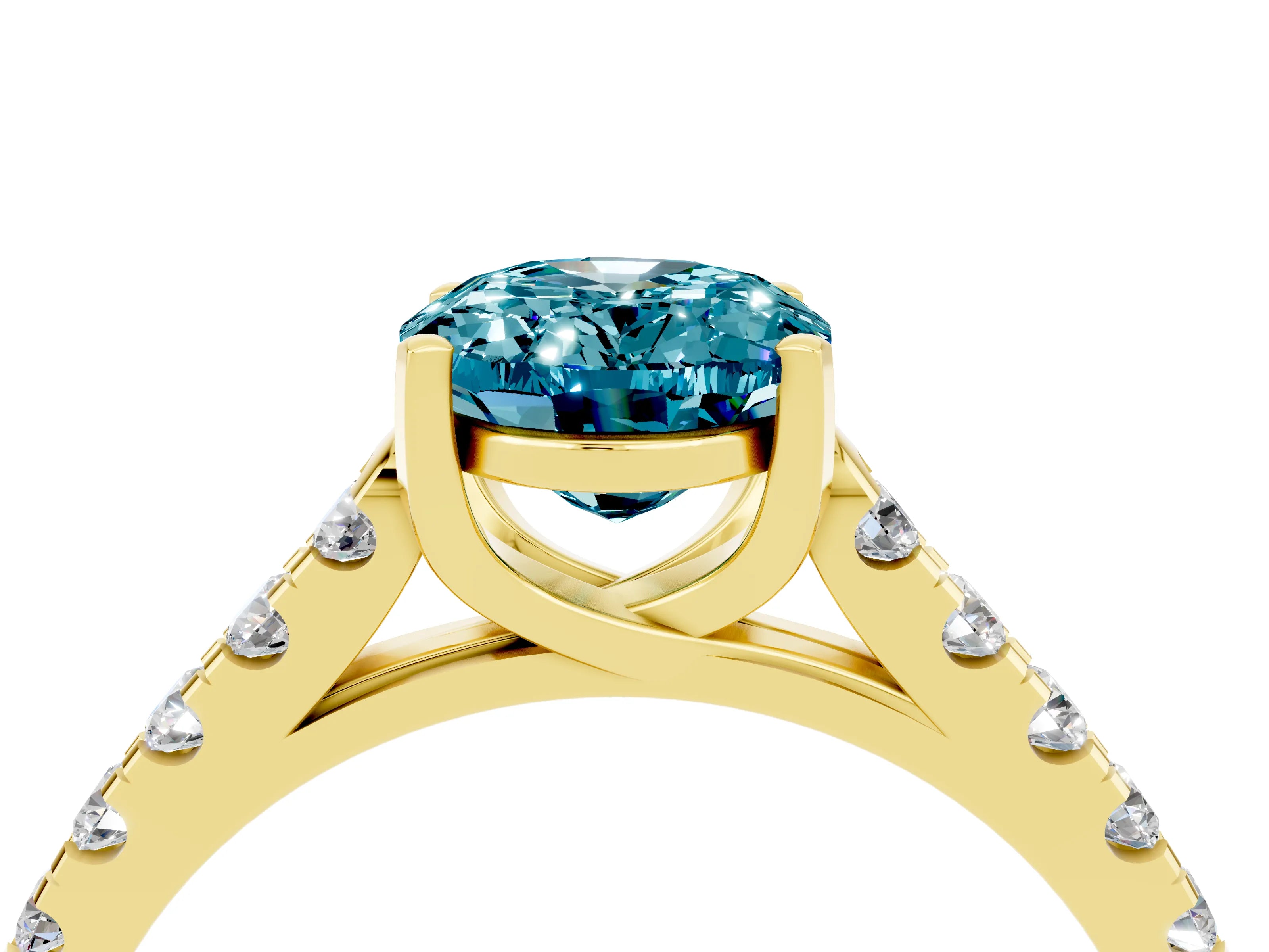Yellow gold {shape_name} Blue Topaz Solitaire Ring with Pavé Band and Four-Prong Setting_4
