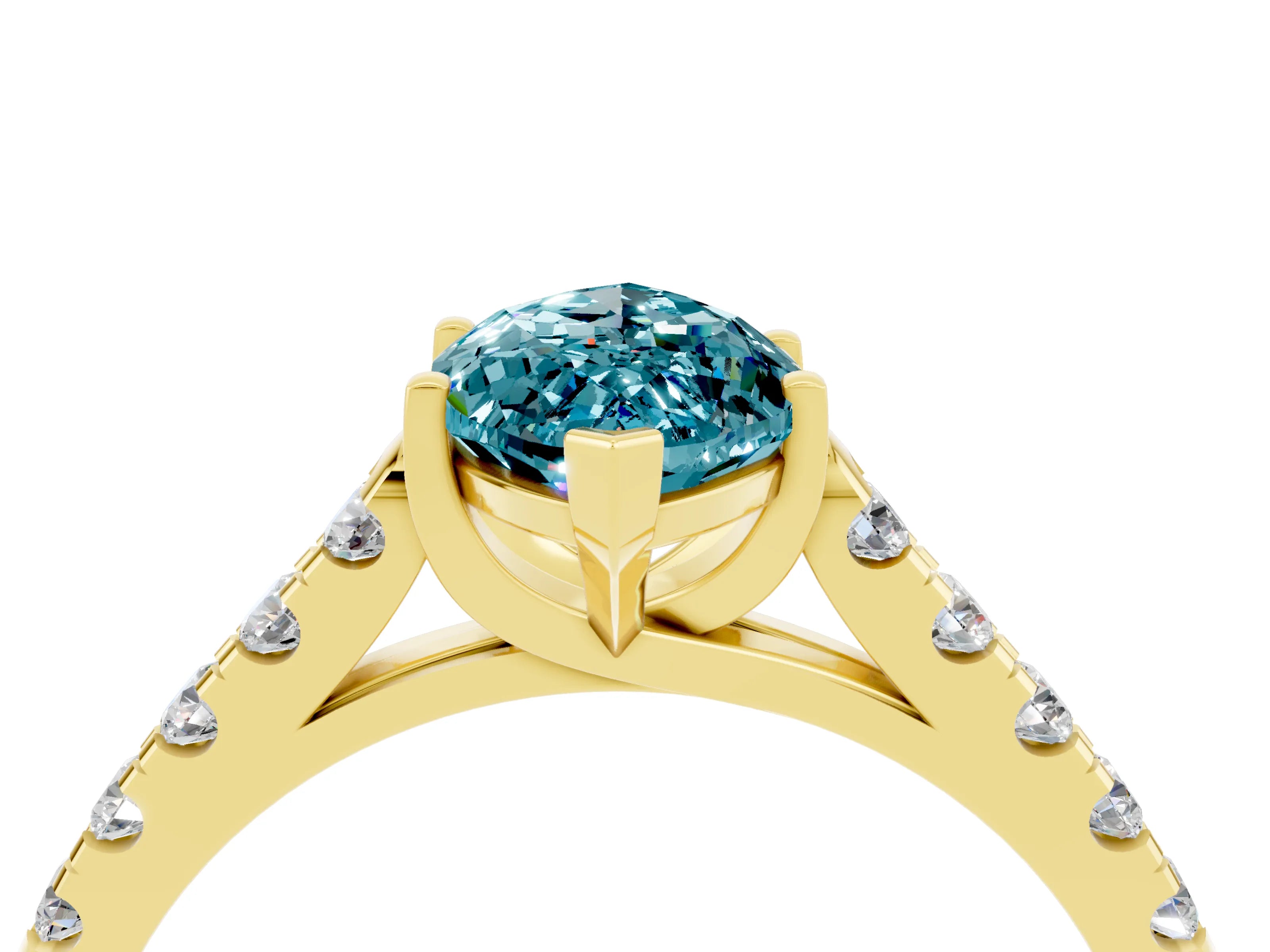 Yellow gold {shape_name} Blue Topaz Solitaire Ring with Pavé Band and Four-Prong Setting_4