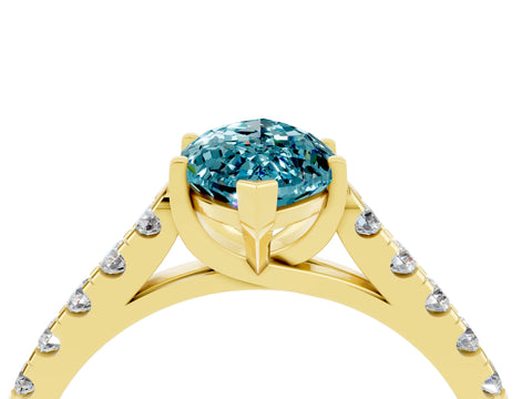 Yellow gold {shape_name} Blue Topaz Solitaire Ring with Pavé Band and Four-Prong Setting_4