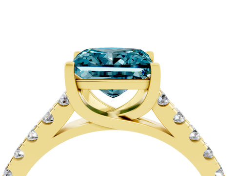Yellow gold {shape_name} Blue Topaz Solitaire Ring with Pavé Band and Four-Prong Setting_4