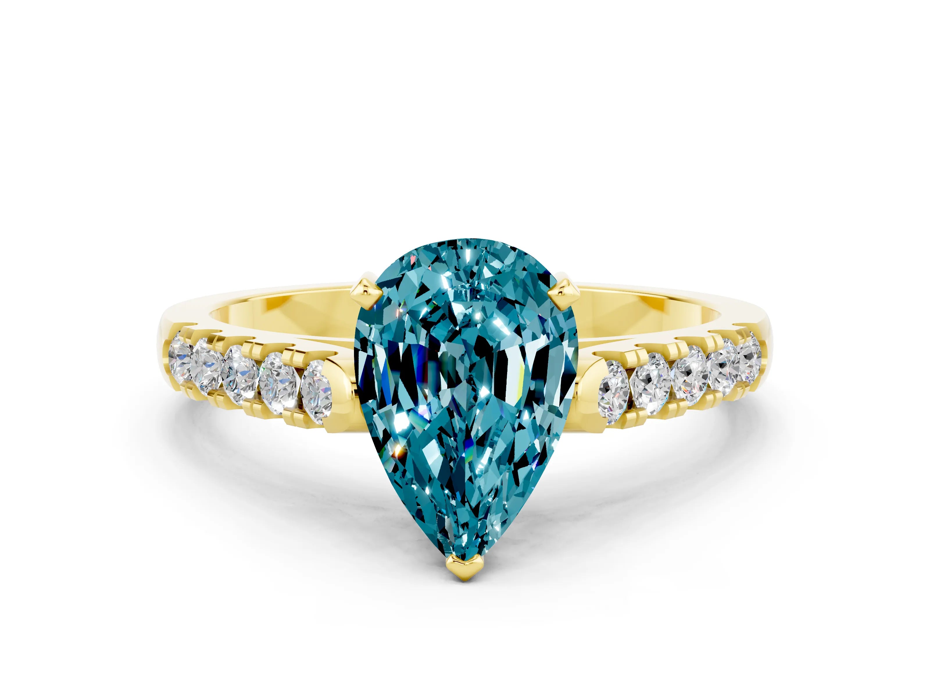 Yellow gold {shape_name} Blue Topaz Solitaire Ring with Pavé Band and Four-Prong Setting