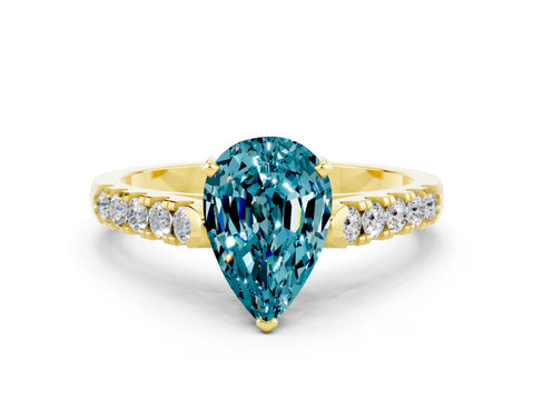 Yellow gold {shape_name} Blue Topaz Solitaire Ring with Pavé Band and Four-Prong Setting