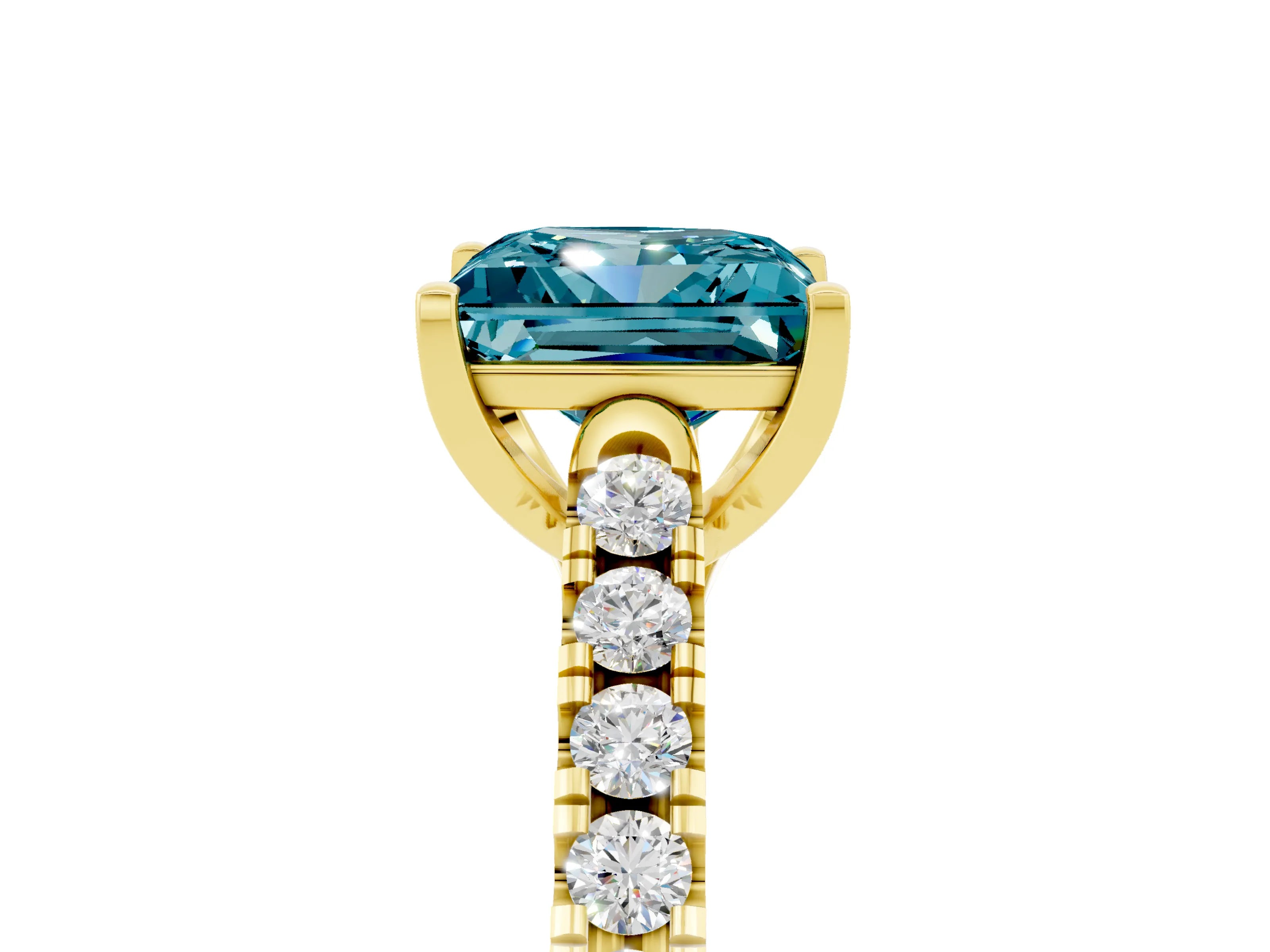 Yellow gold {shape_name} Blue Topaz Solitaire Ring with Pavé Band and Four-Prong Setting_5