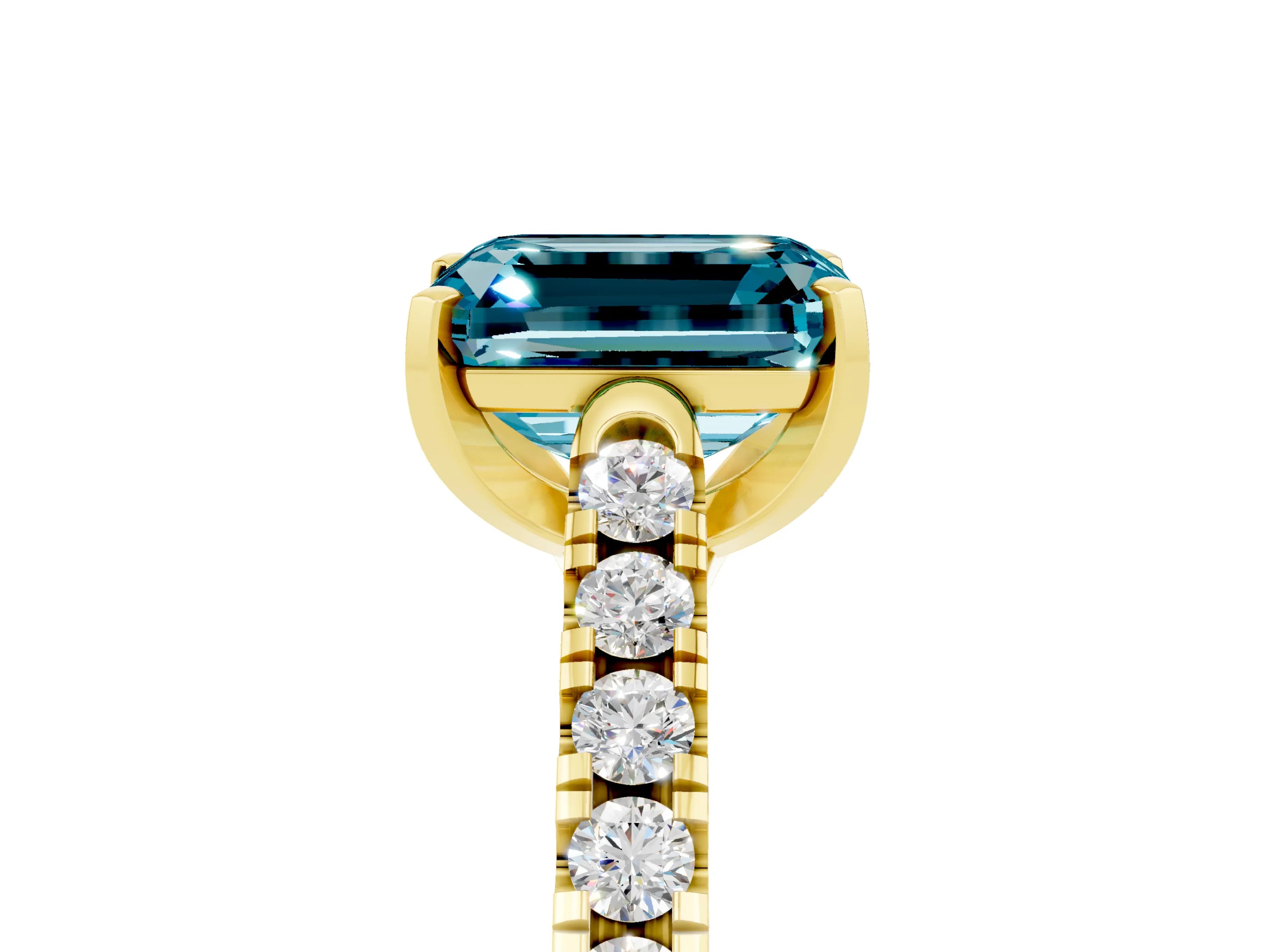 Yellow gold {shape_name} Blue Topaz Solitaire Ring with Pavé Band and Four-Prong Setting_5