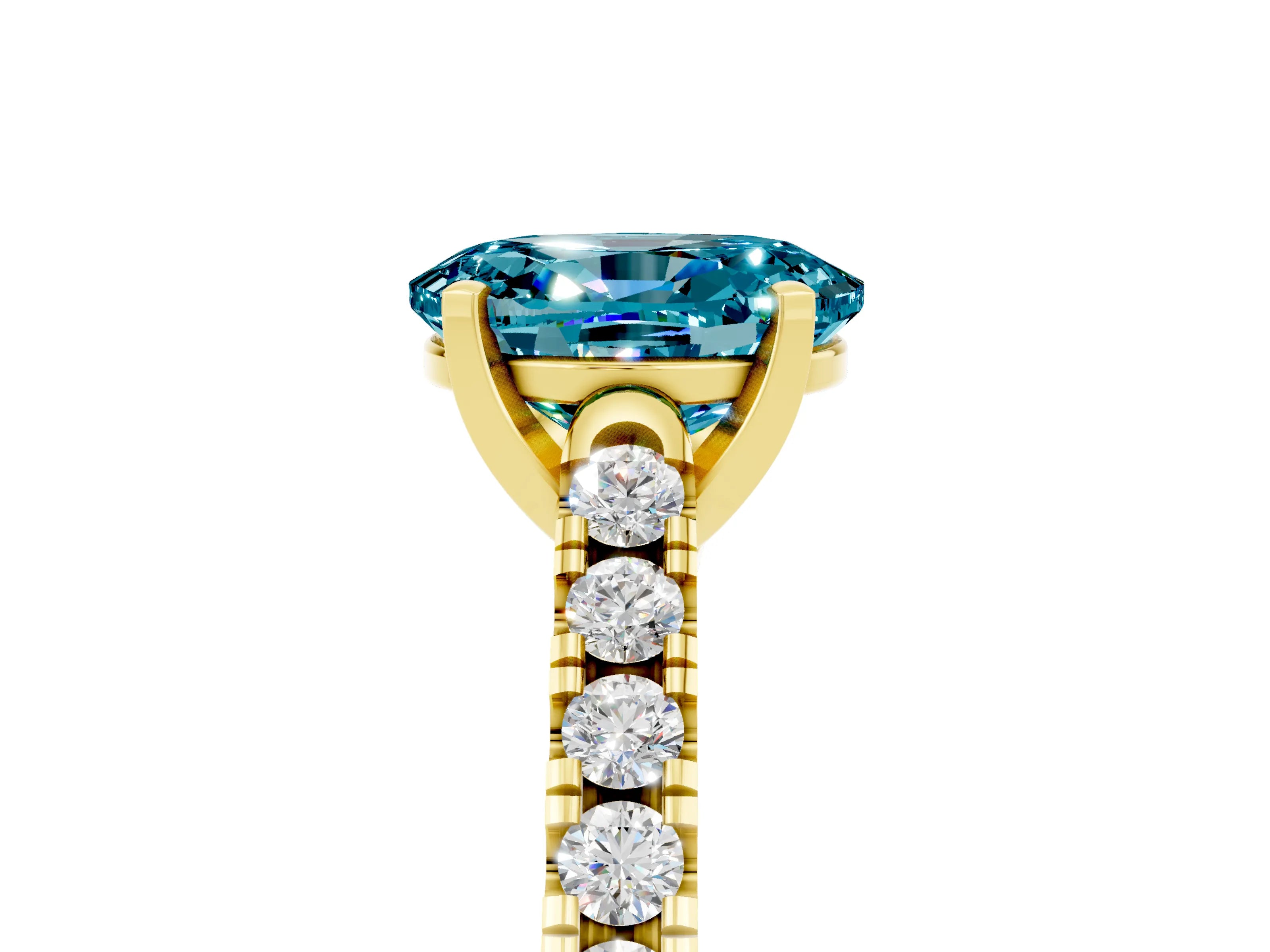 Yellow gold {shape_name} Blue Topaz Solitaire Ring with Pavé Band and Four-Prong Setting_5