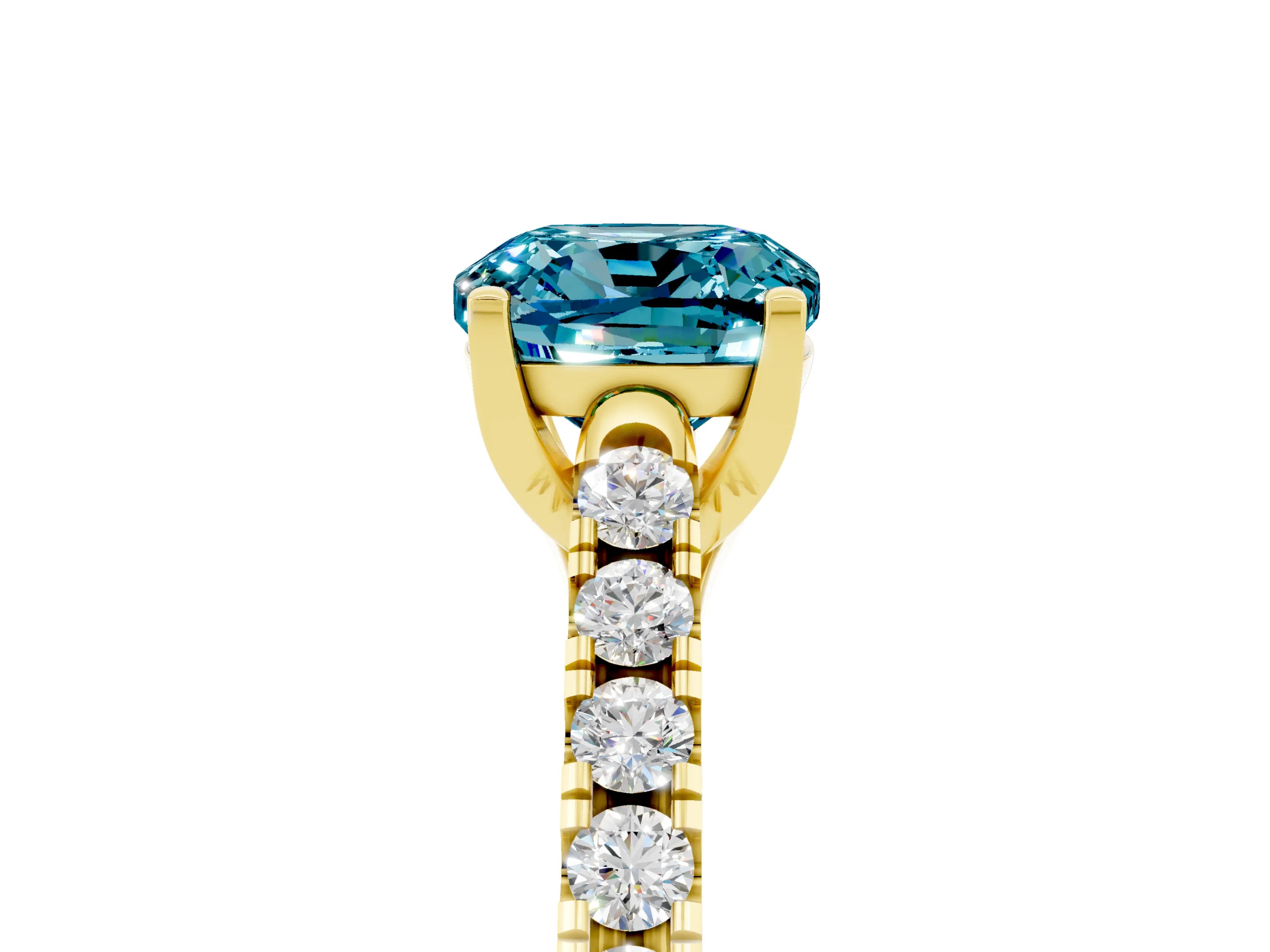 Yellow gold {shape_name} Blue Topaz Solitaire Ring with Pavé Band and Four-Prong Setting_5