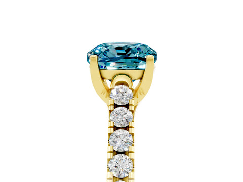 Yellow gold {shape_name} Blue Topaz Solitaire Ring with Pavé Band and Four-Prong Setting_5