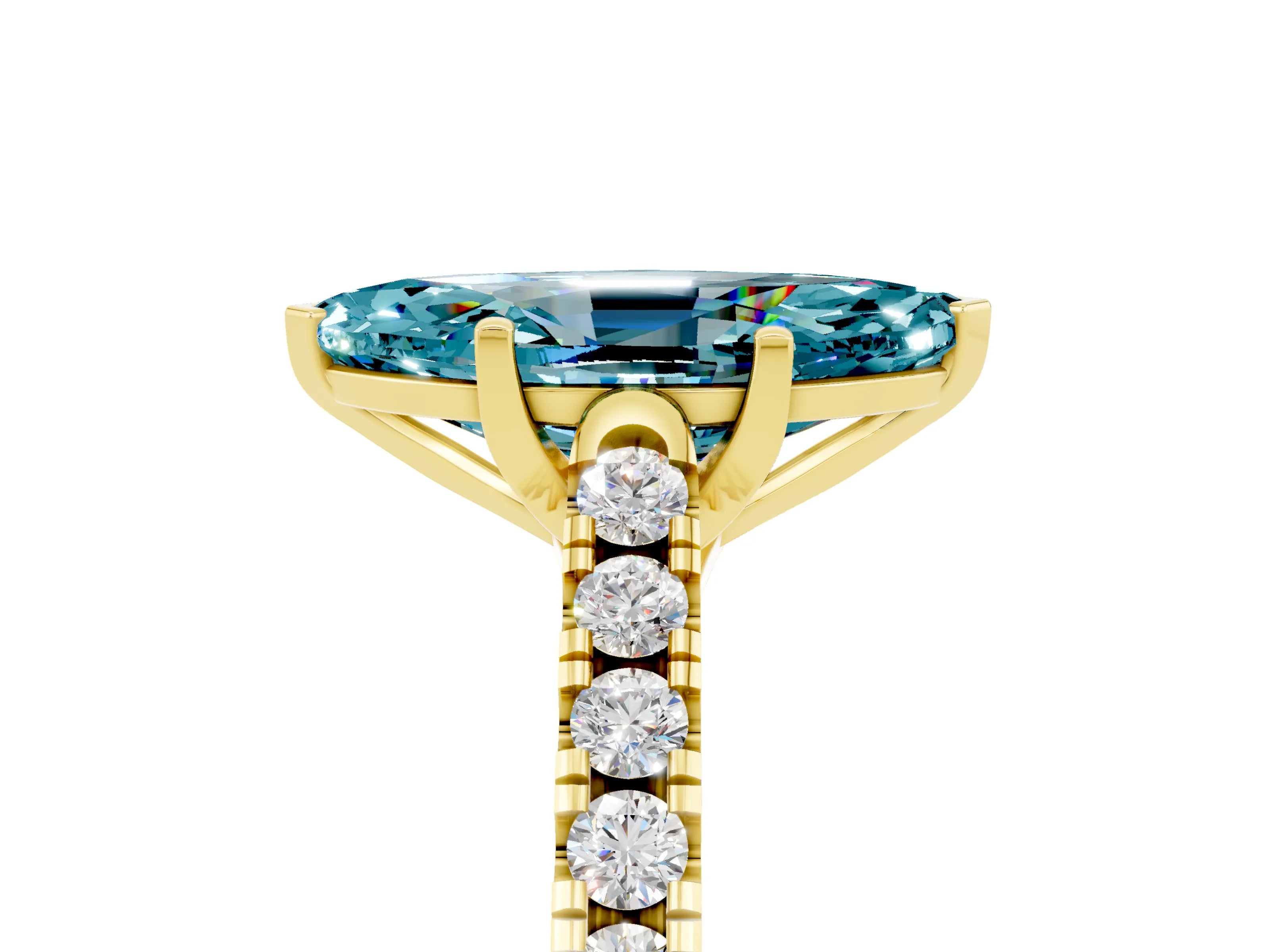 Yellow gold {shape_name} Blue Topaz Solitaire Ring with Pavé Band and Four-Prong Setting_5