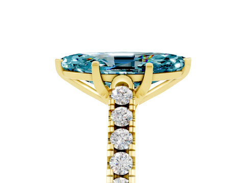 Yellow gold {shape_name} Blue Topaz Solitaire Ring with Pavé Band and Four-Prong Setting_5