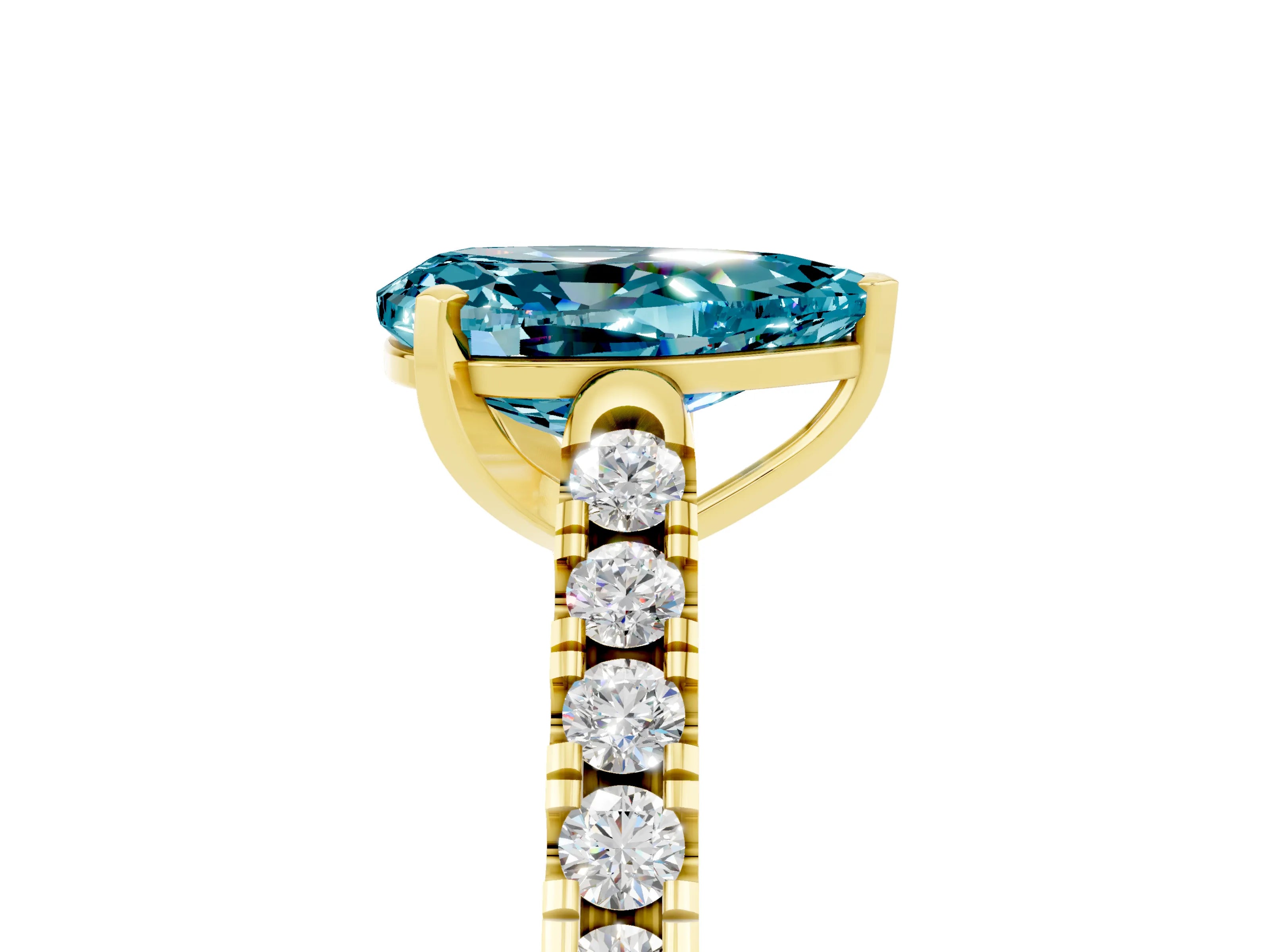 Yellow gold {shape_name} Blue Topaz Solitaire Ring with Pavé Band and Four-Prong Setting_5