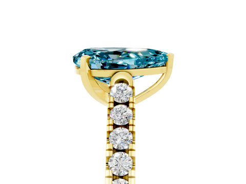 Yellow gold {shape_name} Blue Topaz Solitaire Ring with Pavé Band and Four-Prong Setting_5