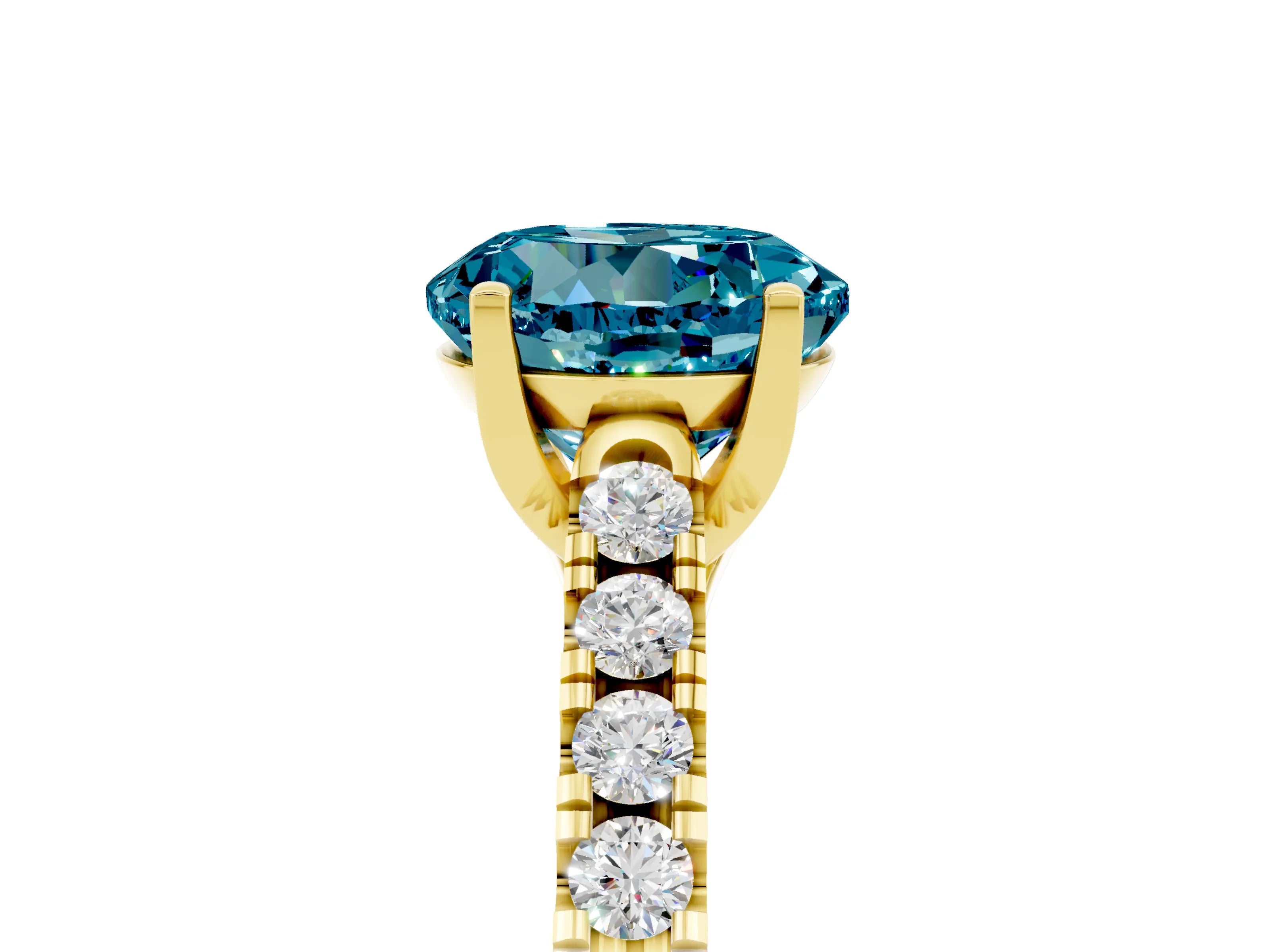 Yellow gold {shape_name} Blue Topaz Solitaire Ring with Pavé Band and Four-Prong Setting_5
