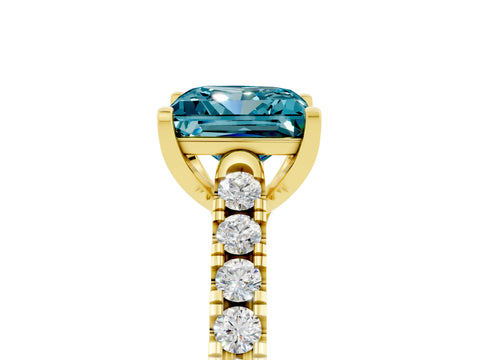 Yellow gold {shape_name} Blue Topaz Solitaire Ring with Pavé Band and Four-Prong Setting_5