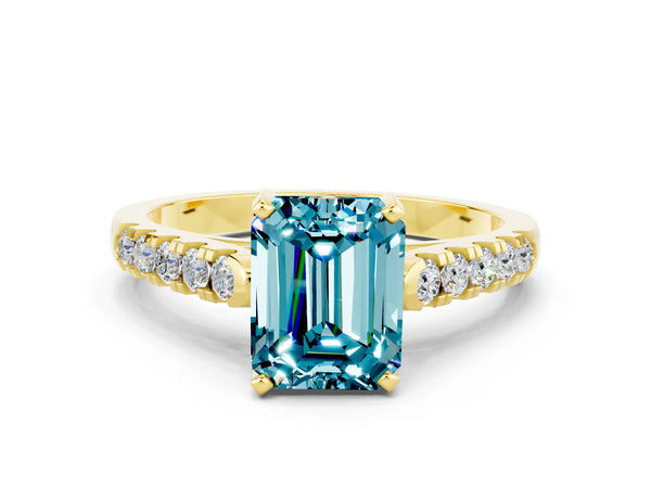 Yellow gold Emerald Cut Blue Topaz Pavé Band Solitaire Ring with Prong Setting