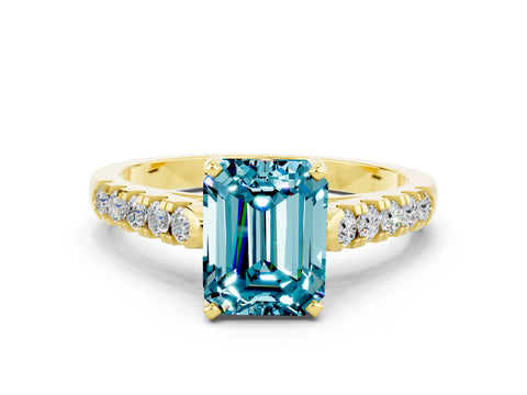 Yellow gold {shape_name} Blue Topaz Solitaire Ring with Pavé Band and Four-Prong Setting