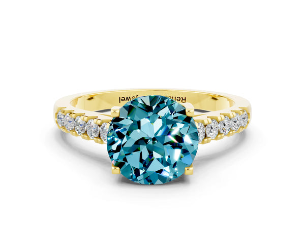 Yellow gold Round Cut Blue Topaz Pavé Band Solitaire Ring with Prong Setting