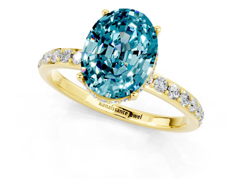 Yellow gold {shape_name} Blue Topaz Solitaire Ring with Pavé Band and Hidden Halo_1