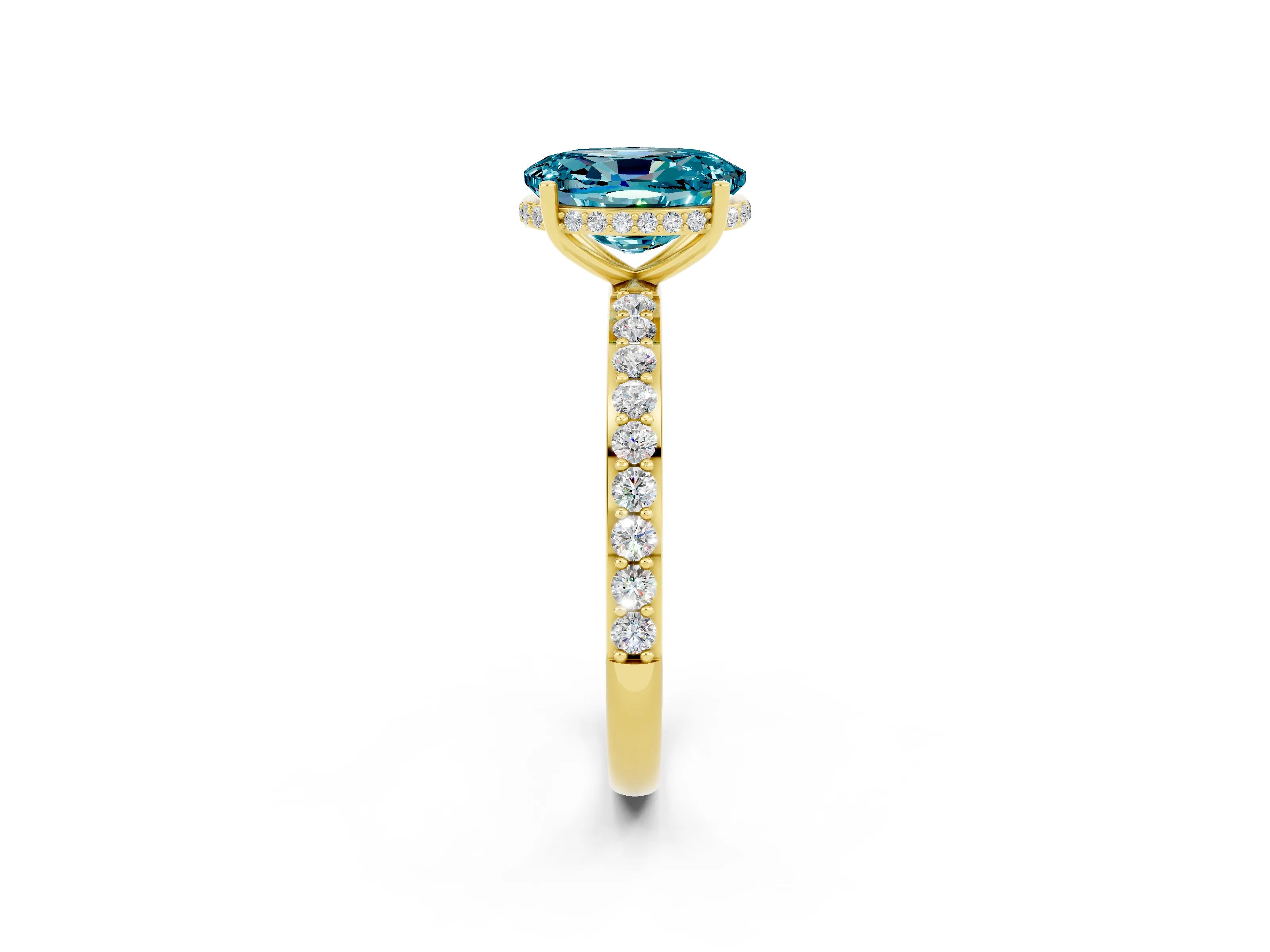 Yellow gold {shape_name} Blue Topaz Solitaire Ring with Pavé Band and Hidden Halo_2