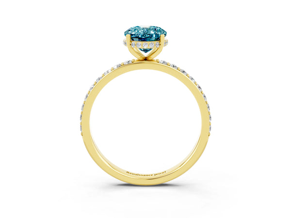 Yellow gold Oval Cut Blue Topaz Solitaire Ring with Pavé Band and Hidden Halo