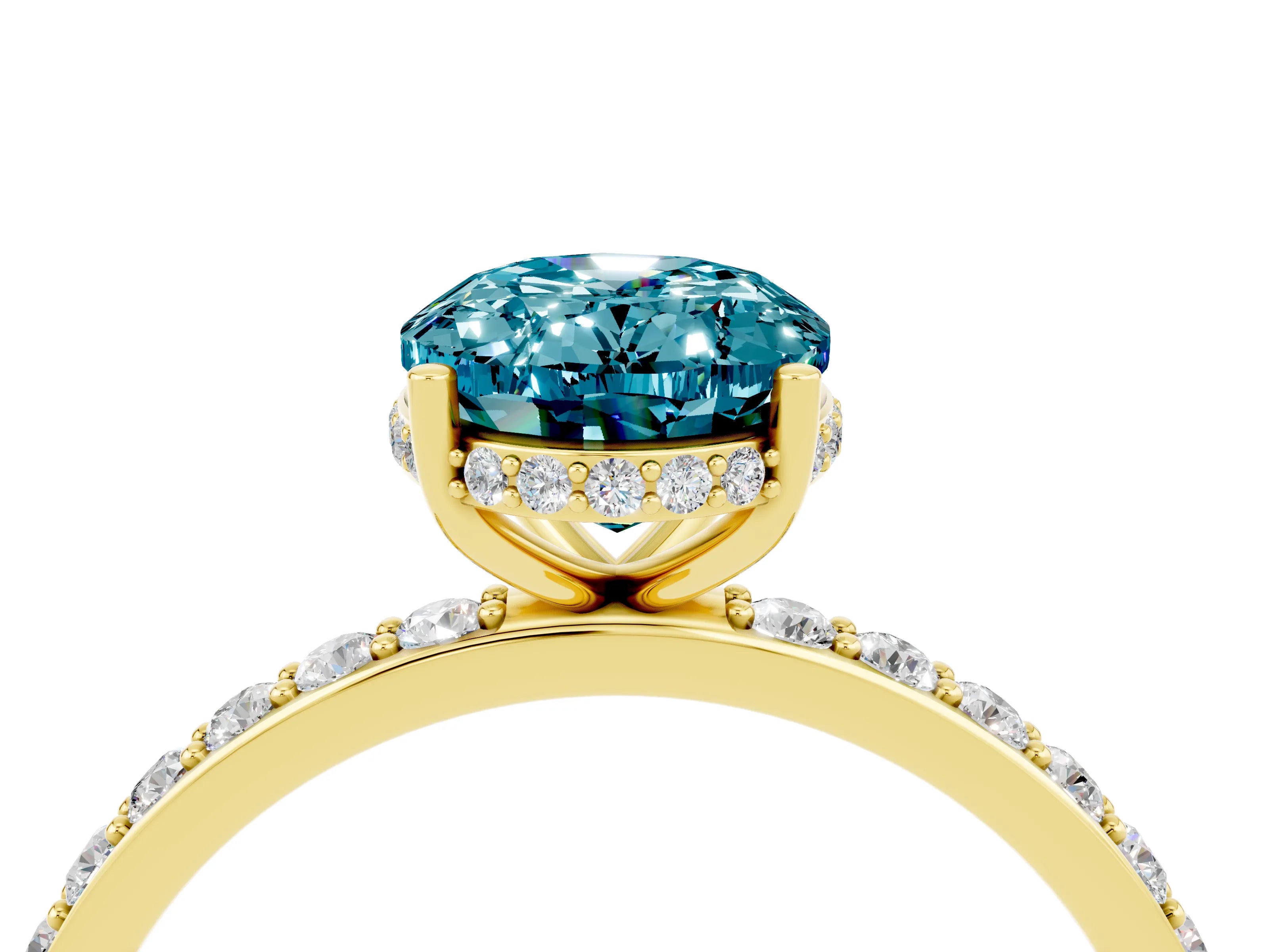 Yellow gold {shape_name} Blue Topaz Solitaire Ring with Pavé Band and Hidden Halo_4
