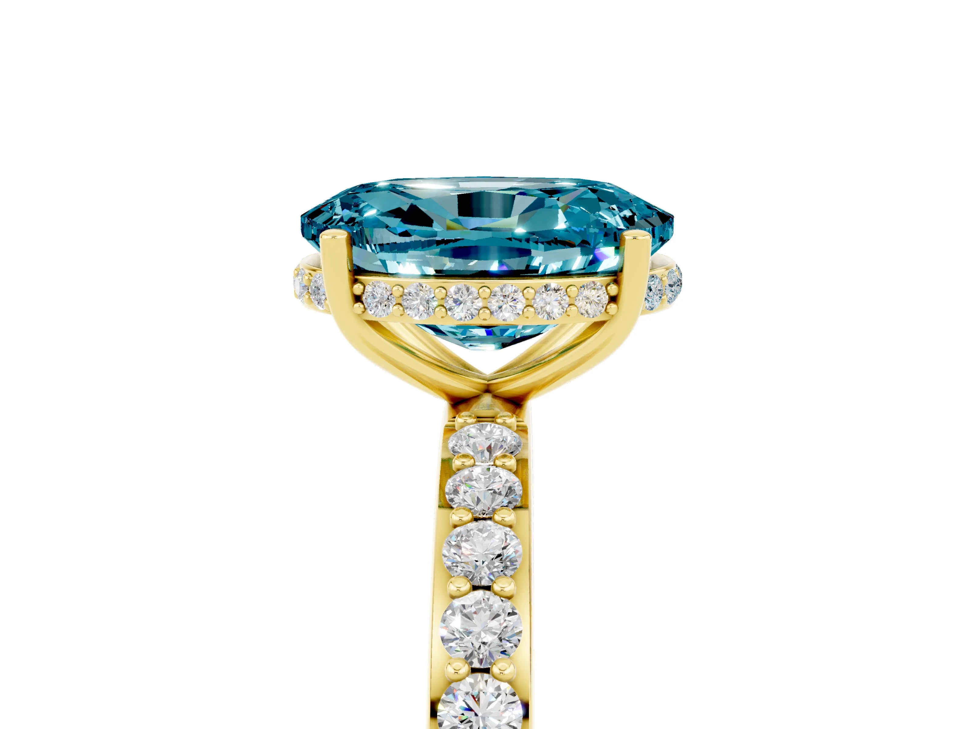 Yellow gold {shape_name} Blue Topaz Solitaire Ring with Pavé Band and Hidden Halo_5