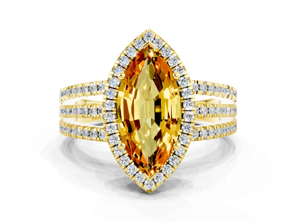 Yellow gold Marquise Cut Citrine Halo Engagement Ring with Split Shank and Four-Prong Setting