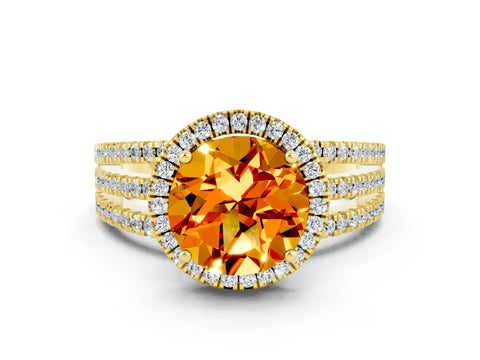 Yellow gold {shape_name} Citrine Halo Engagement Ring with Split Shank and Four-Prong Setting