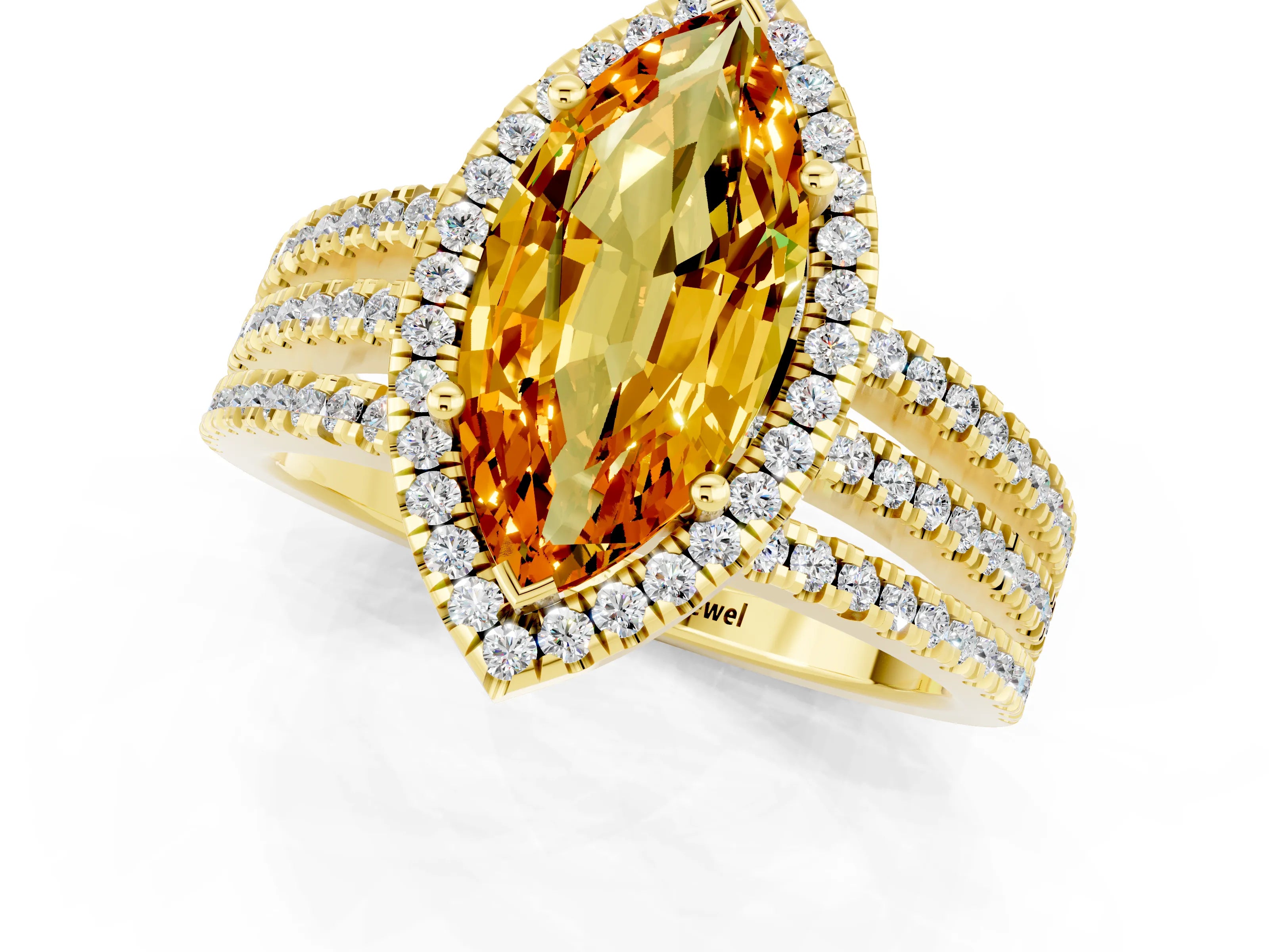 Yellow gold {shape_name} Citrine Halo Engagement Ring with Split Shank and Four-Prong Setting_1