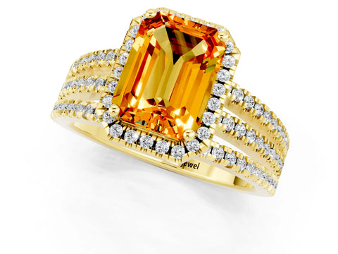 Yellow gold {shape_name} Citrine Halo Engagement Ring with Split Shank and Four-Prong Setting_1