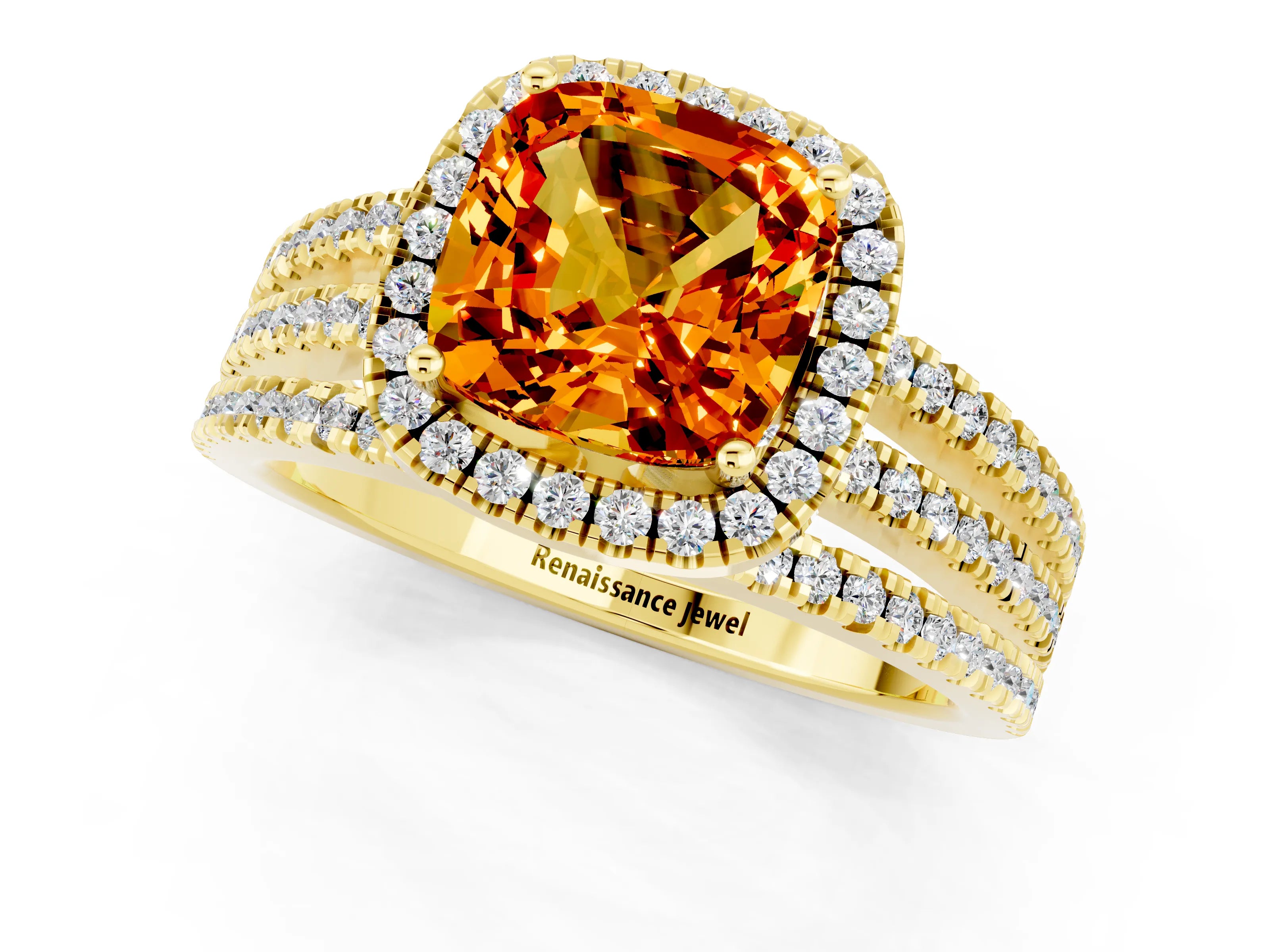 Yellow gold {shape_name} Citrine Halo Engagement Ring with Split Shank and Four-Prong Setting_1